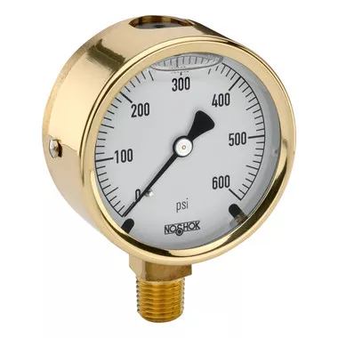 2-1/2" NOSHOK 300 Series Brass Case Liquid Filled Pressure Gauges, 25-300-100-psi-MIP, Brass Case, Copper Alloy Internals, 100 psi, 1/4" NPT Male Bottom Connection, Glycerin Filled, Maximum Indicating Pointer