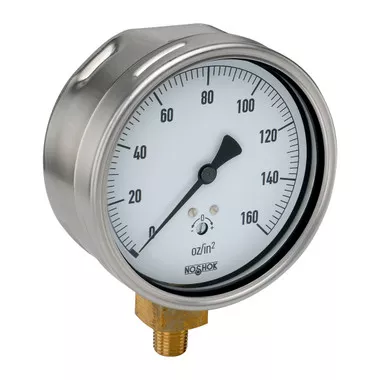 4" NOSHOK 200 Series Low Pressure Diaphragm Dry Pressure Gauges, 40-200-3-psi-SG, 304 SS Case, Copper Alloy Internals, 3 psi, 1/4" NPT Male Bottom Connection, Safety Glass Lens