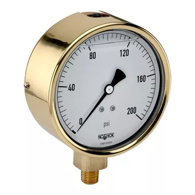 4" NOSHOK 300 Series Brass Case Liquid Filled Pressure Gauges, 40-300-30-psi, Brass Case, Copper Alloy Internals, 30 psi, 1/4" NPT Bottom Connection, Glycerin Filled