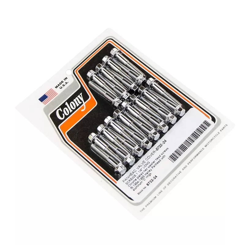 #8732-24 Valve Cover Screws 1-1/4 inch Long 1954-1965 Harley-Davidson Panhead With Alloy D-Rings – Chrome Plated